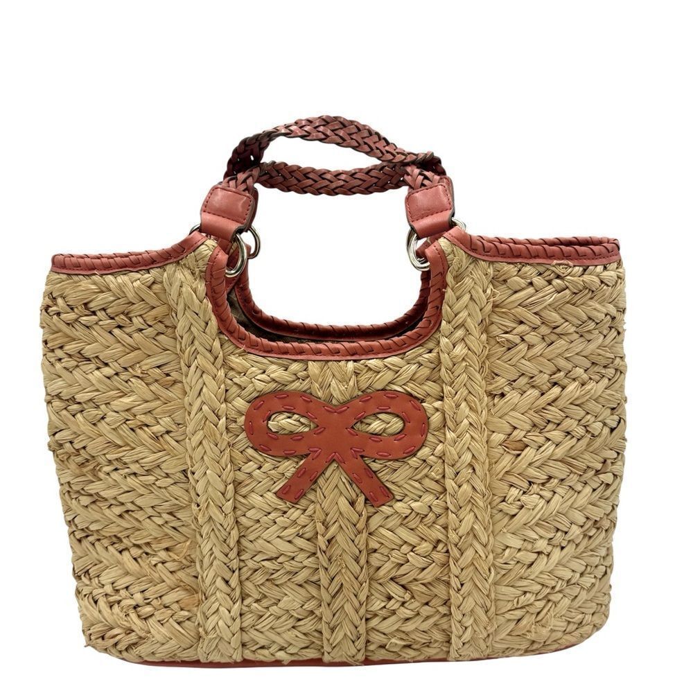 Anya Hindmarch Raffia Woven Coral Orange Leather Trim Bag Bow Basket Tote Auth